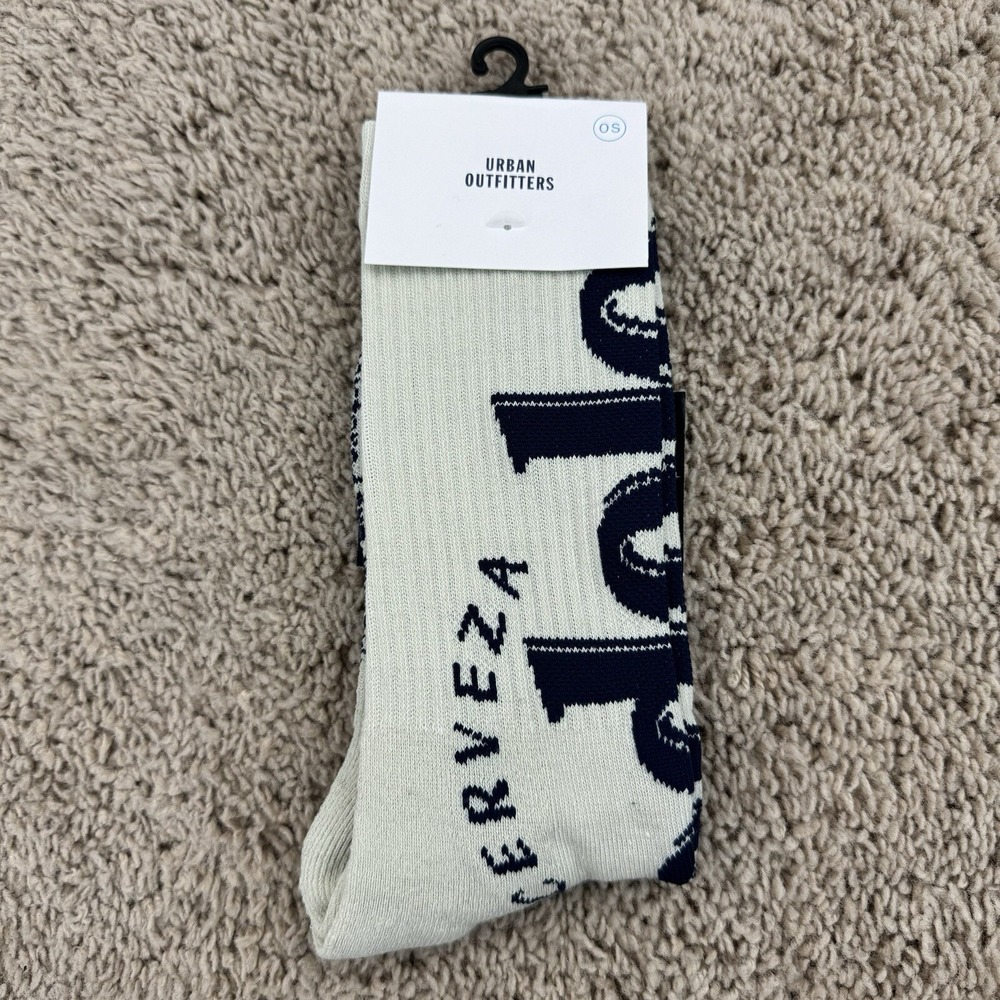 Modelo Beer Socks Adult One Size Crew Cream Blue‎ Cerveza Logo Spellout 13" NWT